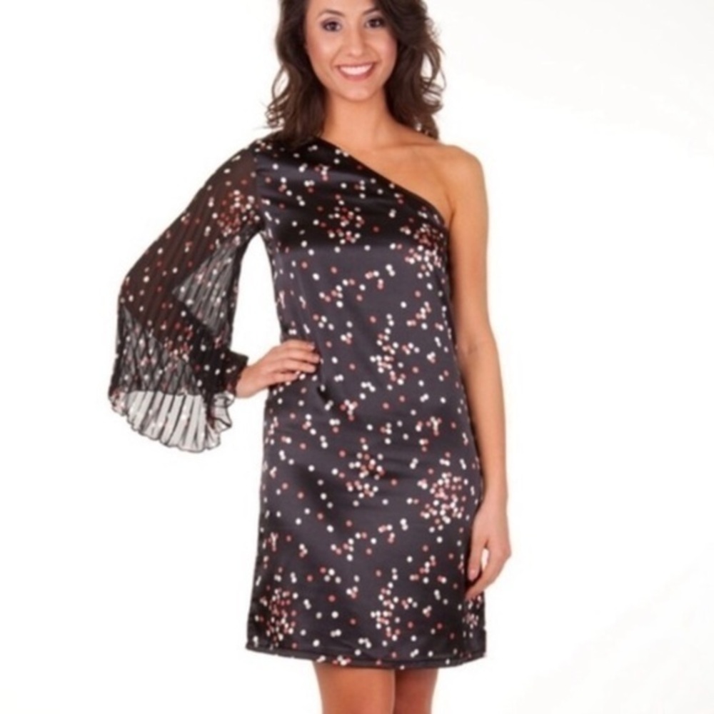Tracy Negoshian‎ Emma Multicolor Polka Dots Black One Shoulder Long Sleeve Dress